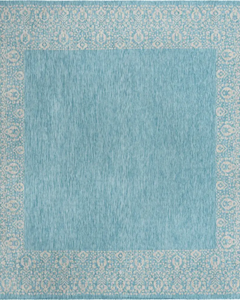 Contemporary outdoor border floral border rug - Aqua / 10’ 8