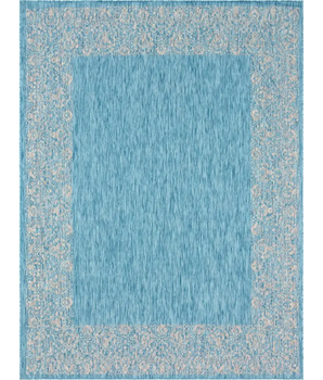 Contemporary outdoor border floral border rug - Aqua / 9’ x