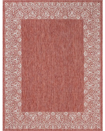 Contemporary outdoor border floral border rug - Rust Red /