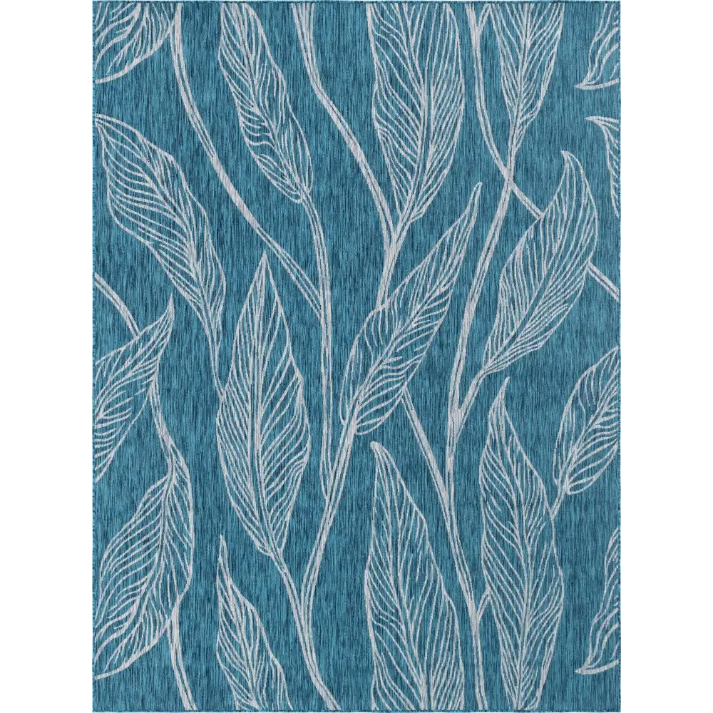 Modern outdoor botanical leaf rug - Teal / 9’ x 12’ /