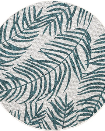 Tropical outdoor botanical palm rug - Teal Ivory / 4’ 1 x 4’
