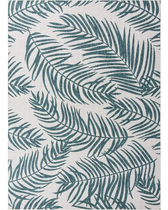 Tropical outdoor botanical palm rug - Teal Ivory / 9’ x 12’